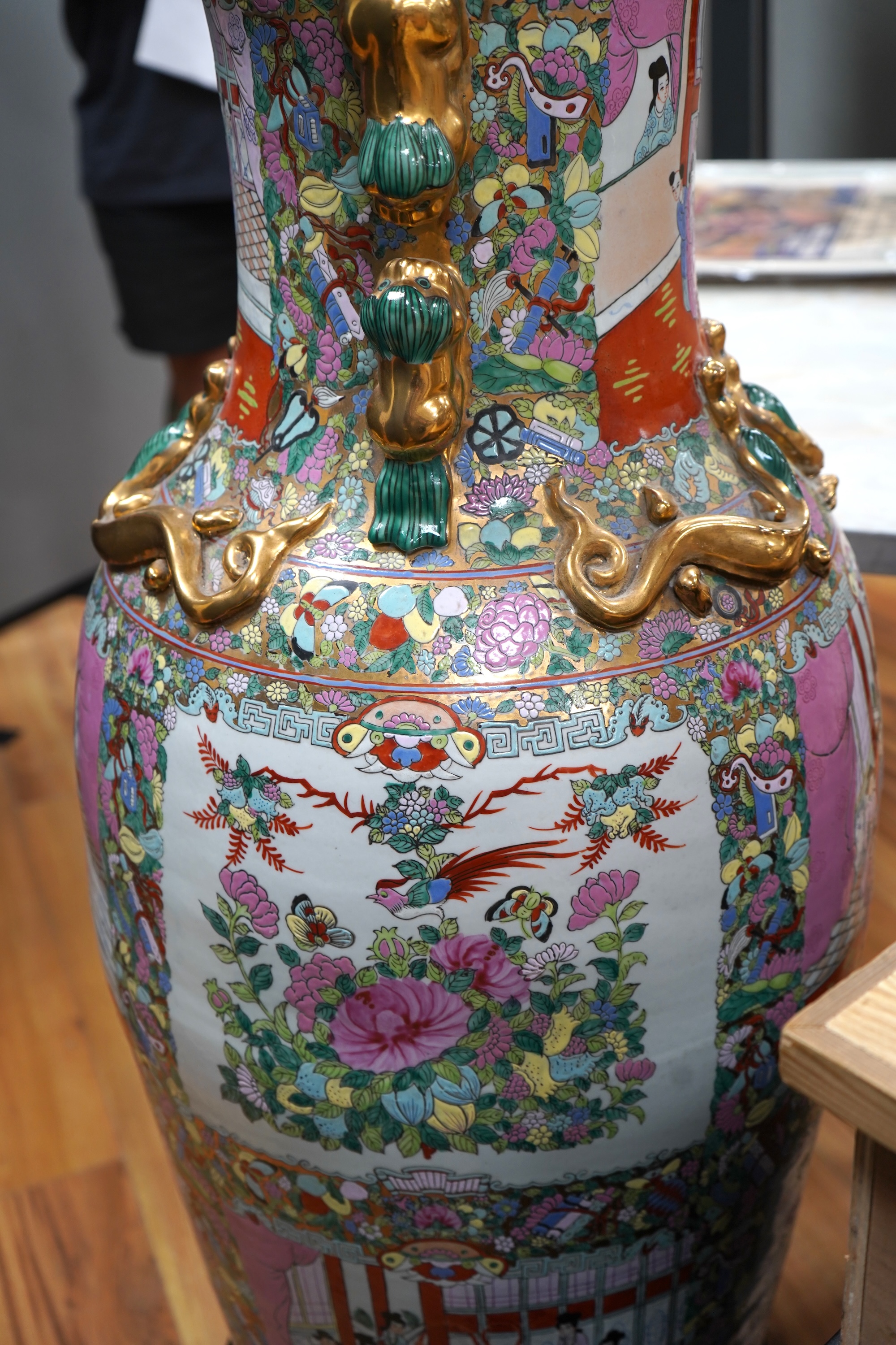 A large Chinese famille rose vase on stand, 118cm high including stand.